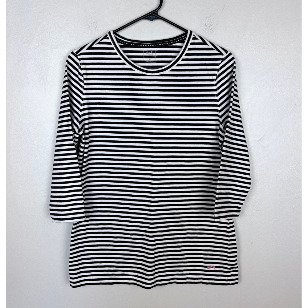 Le Tigre Black White Striped 3/4 Sleeve Pima Cotton Shirt Casual Basics Size M